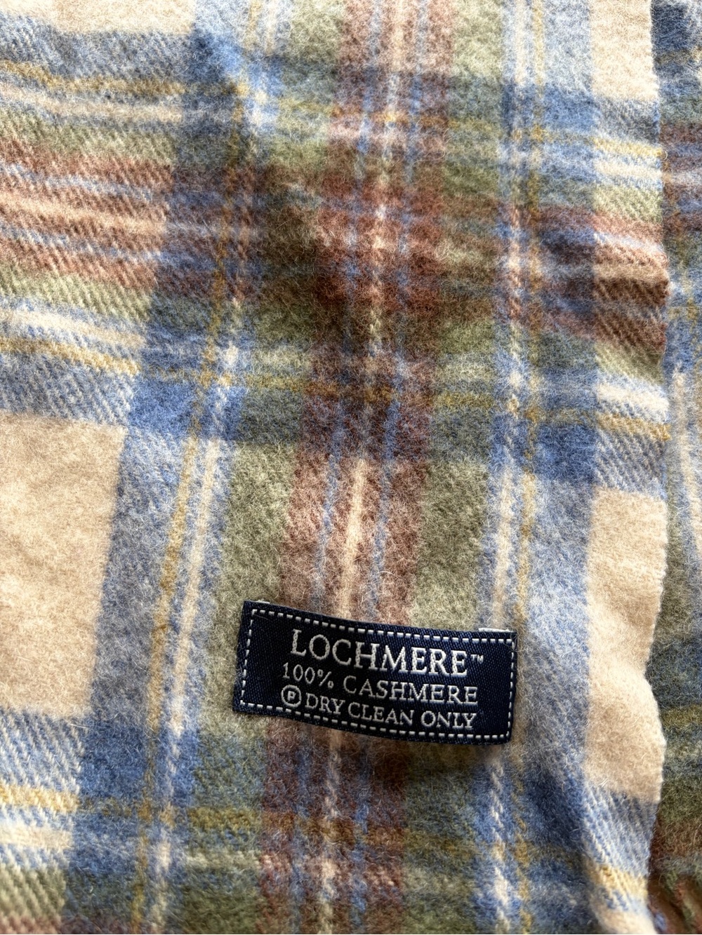Lochmere 100% Cashmere Plaid Scarf in Blue, Brown & Cream